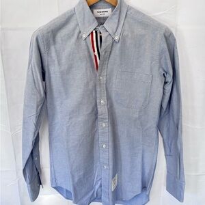 Thom Browne Light Blue Button-Down Shirt with Signature Tricolor Trim